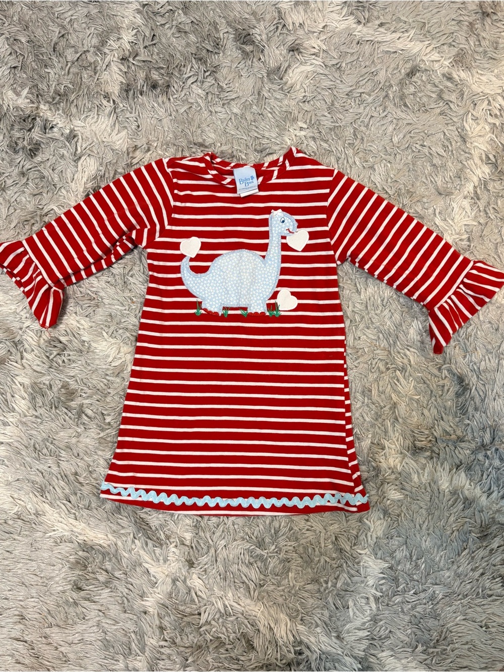 The Bailey Boys Valentine Dinosaur Stripe Ruffle Dress Blue Polka Dot Heart